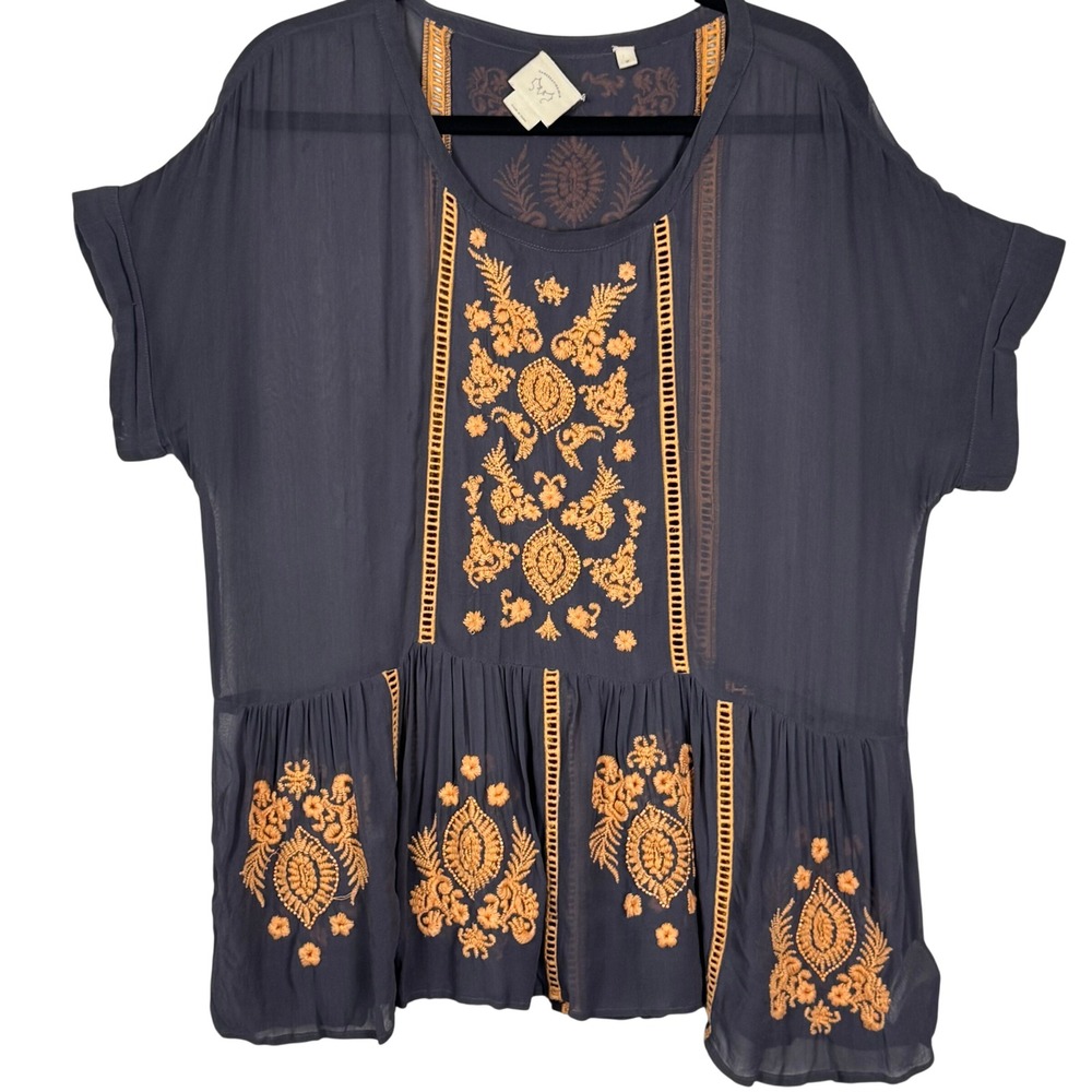 Vanessa Virginia Anthropologie Embroidered Boho Peplum Blouse Grey Yellow M